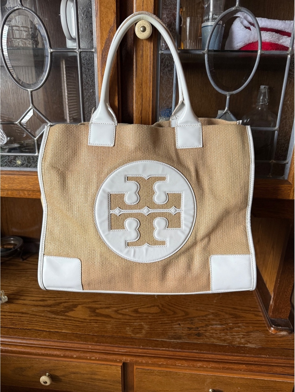 Tory Burch Large Ella Straw Canvas Tote Bag White Leather Handles Flaws